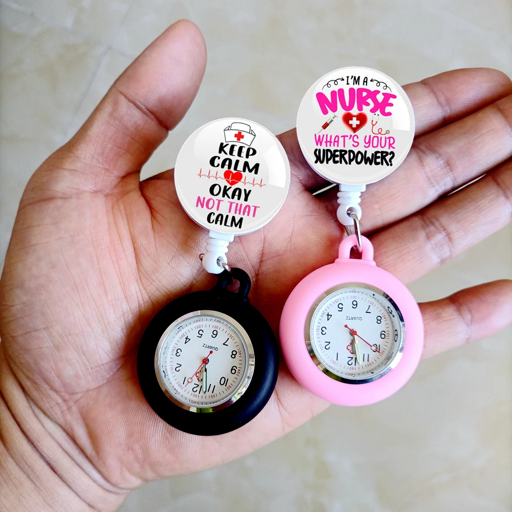 Retractable Cabochons Badge Reel Clip Nursing Care Hospital Medicine Health Love Heart Nurse Doctor Hang Pocket Watches Clock