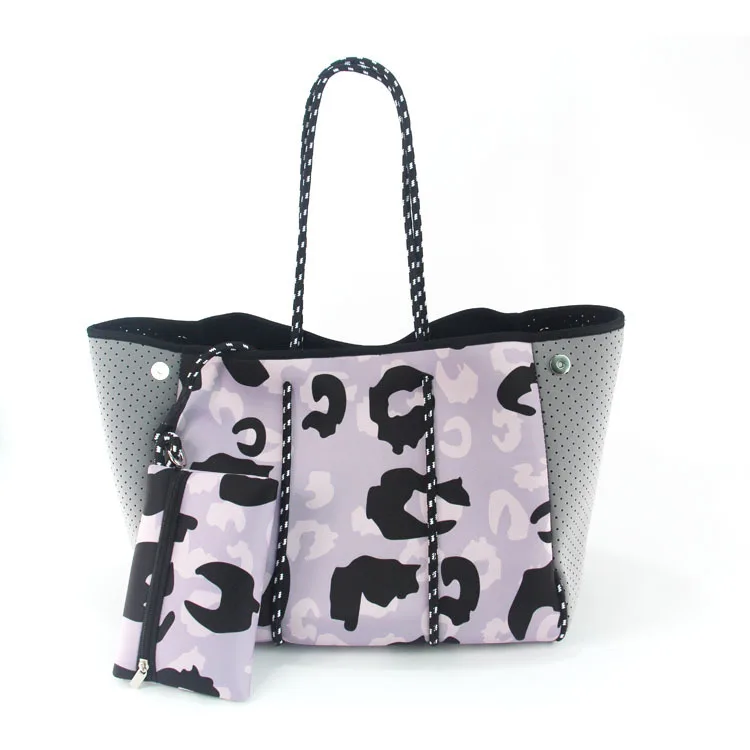 Amazon lady outdoor travel swimming Perforated tote handbag colorful printing portable women neoprene beach bag with purse