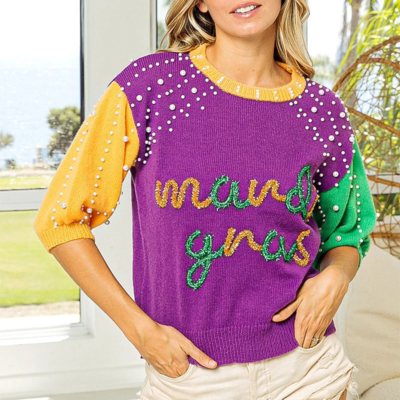 2024 Trendy Queen Of Sparkle Patches Mardi Gras Color Block Pearl Beads Embroidery Sweater
