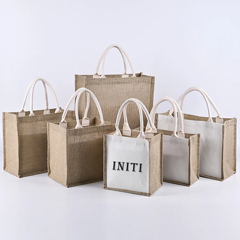 Eco Laminated Canvas Jute Bag Reusable Linen Beach Burlap Tote Bags Hessian Shopping Tote Bags with Custom Logo for Advertising