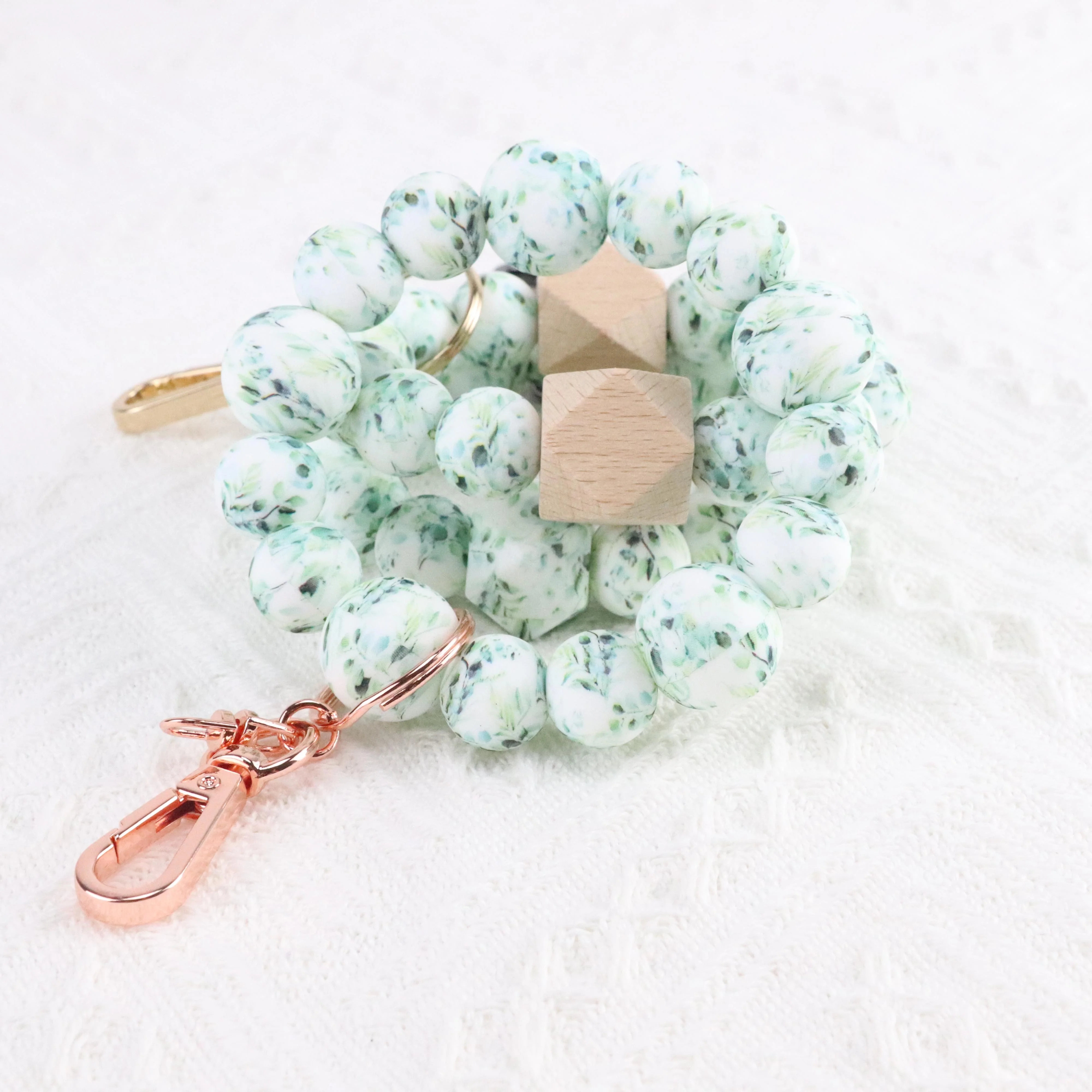 2023 Hot Sale Silicone Leaf Print Beaded Bracelet Key Chain Key Ring Bangle Key Chain