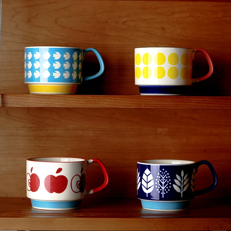 Set of 4 pcs coffee cup Ceramic stackable mug with color glazed custom color glaze stackable mugs