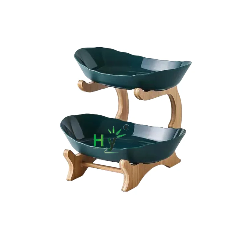 HONGHAO Household Bamboo Wooden Racks 3 Layers Food Container Dish Pottery Ceramic Plate for Salad Vegetable Fruits Nuts Snacks