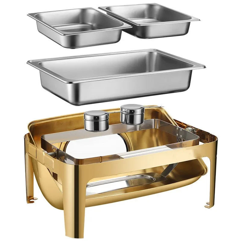 9 Quart Gold Roll Top Rectangular Stainless Steel Chafing Dish Buffet servers Set and Warmers Set Warming Tray Glass Window