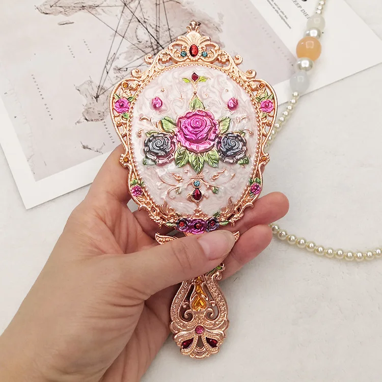 Retro metal antique mirror Makeup mirror folding portable handle mirror girl comb set princess gift