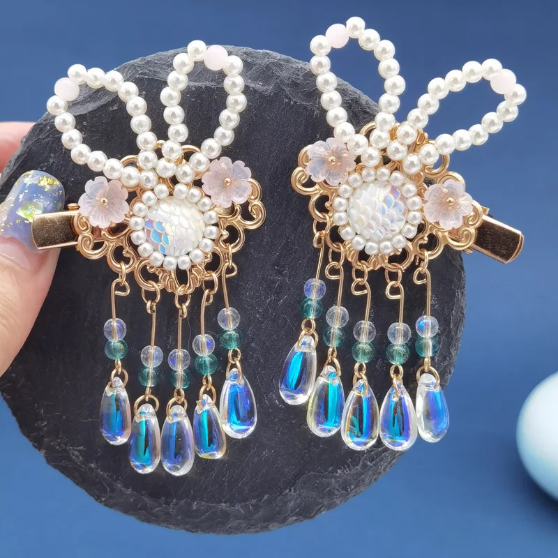 Китайские антикварные заколки Hanfu с кисточками заколка для волос милые аксессуары зажим кроличьими жемчужинами пара