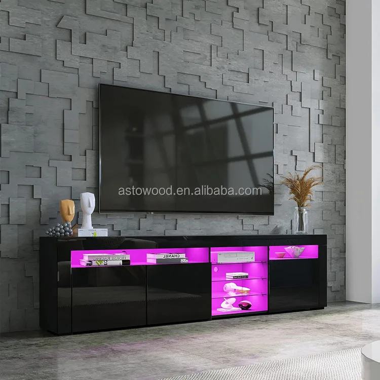 White High Gloss TV Unit with LED Lights 180CM Unit for Living Room, 3 Doors and 7 Open Shelves, Home Furniture