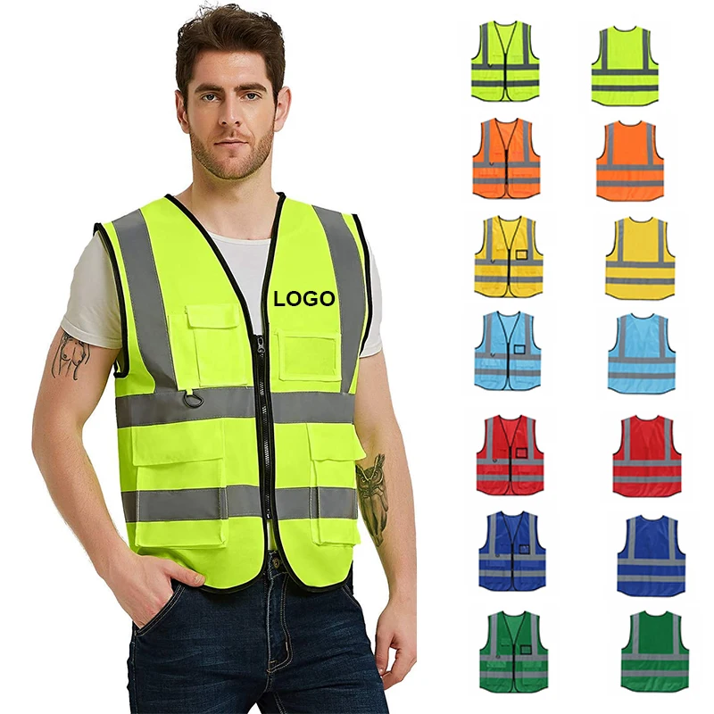 High Quality Wholesale Multi Colors Pocket Zip Security Guard Uniforms Work Reflective Safety Vests with Custom Logo