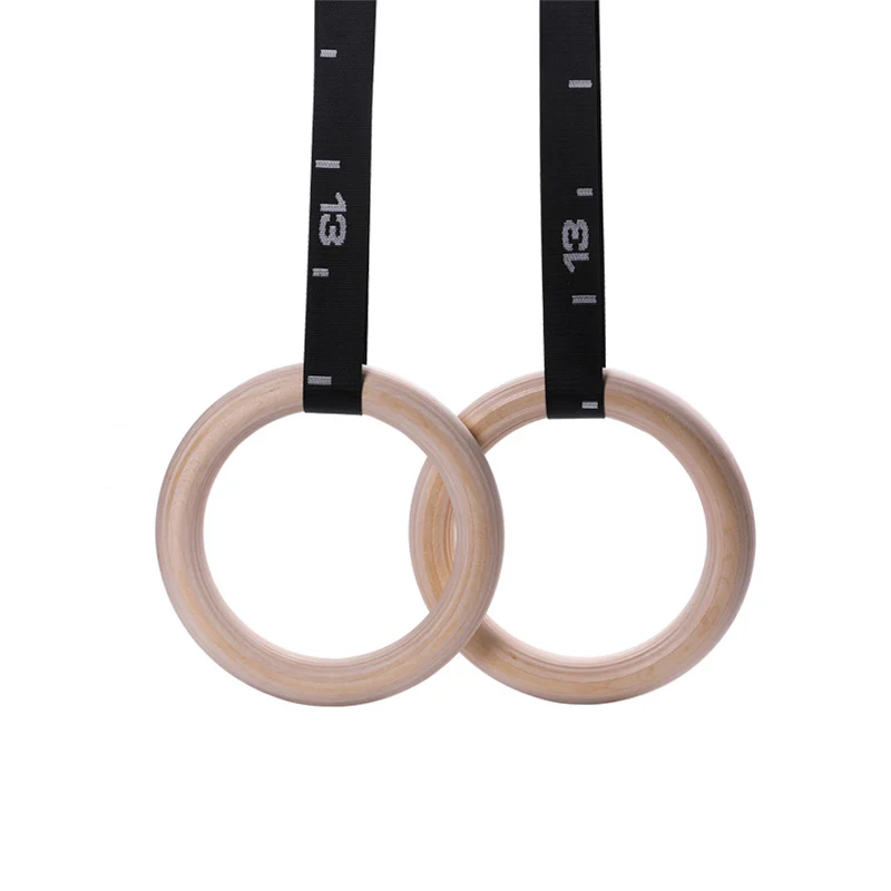 Custom Logo Gym Pull Up Fitness 32mm Wooden Sport Strength Training Gymnastic Rings Set With Adjustable Strap