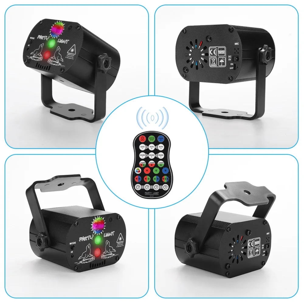  Мини RGB диско свет DJ светодиодный лазерный сценический проектор Красный Синий Зеленый лампа USB перезаряжаемая Свадьба День рождения Пульт дистанционного управления мини LED этапа красного синего