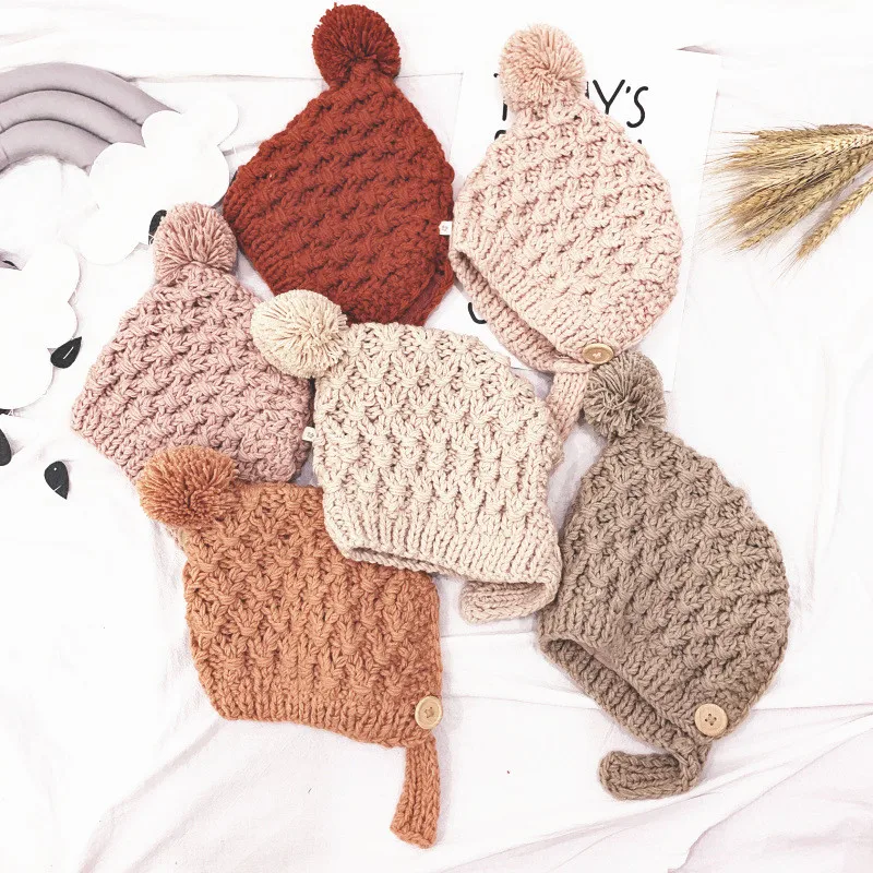 Wholesale Cute Earflap Hat Knit Beanie Cold Winter Child Kids Baby Knit Hat with Fur Pom Pom Ball