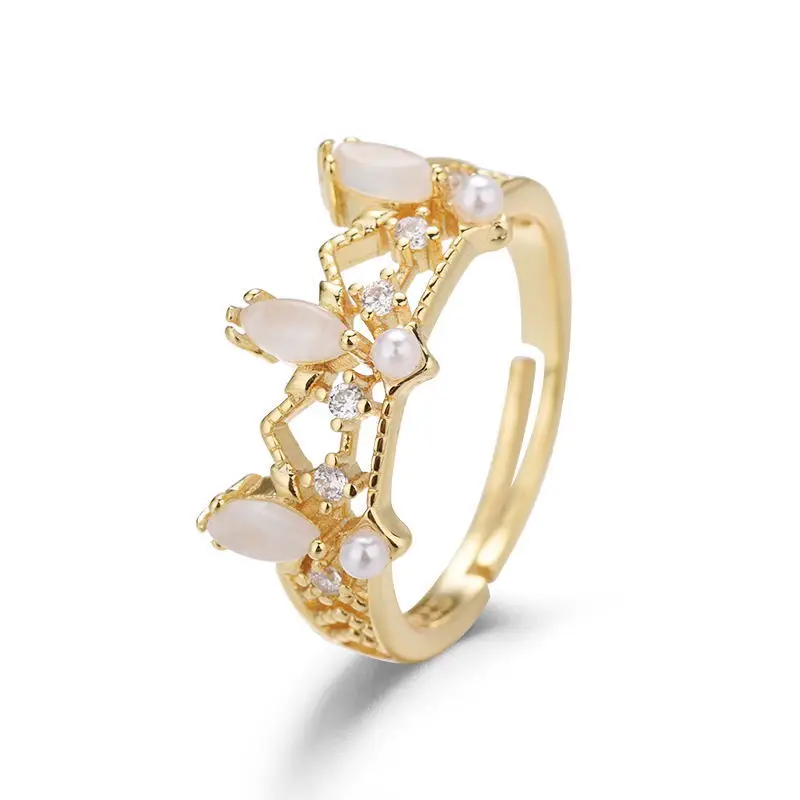 Vintage Trendy Brass 18K Gold Plated Zircon Crown Ring Elegant Jewelry for Women Ring