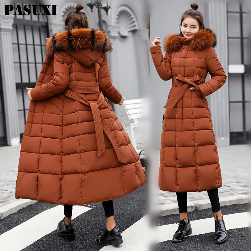 PASUXI New Long Winter Coat Women Parkas Slim Casual Hooded Fur Collar Warm Jacket Outerwear Streetwear
