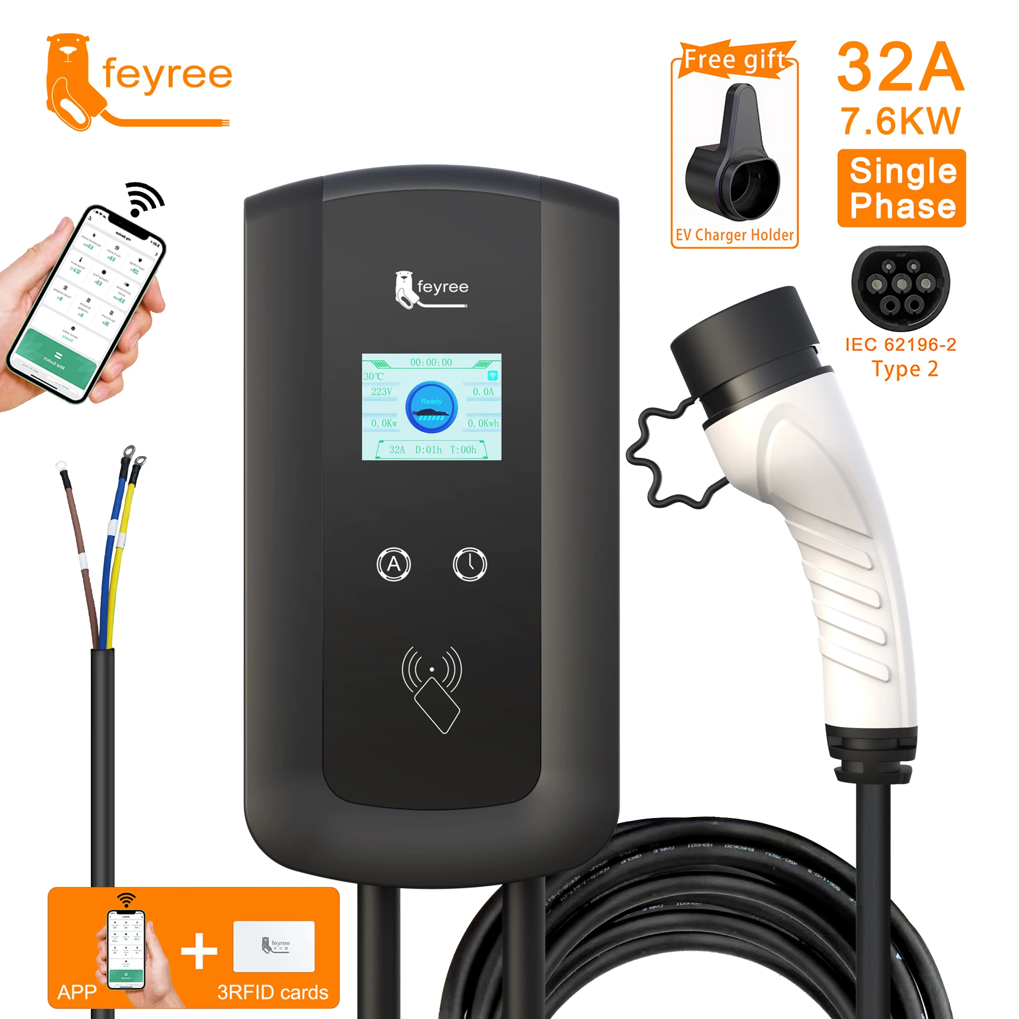 Electric Car Type 2 Plug 7KW 32a AC home EV Charger Wallbox wifi App IEC 62196 EV Charging station