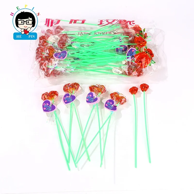 Whole sale OEM Order Rose Couple Lollipop Fruity  Flavor Rose Shape Hard Candy For Kids