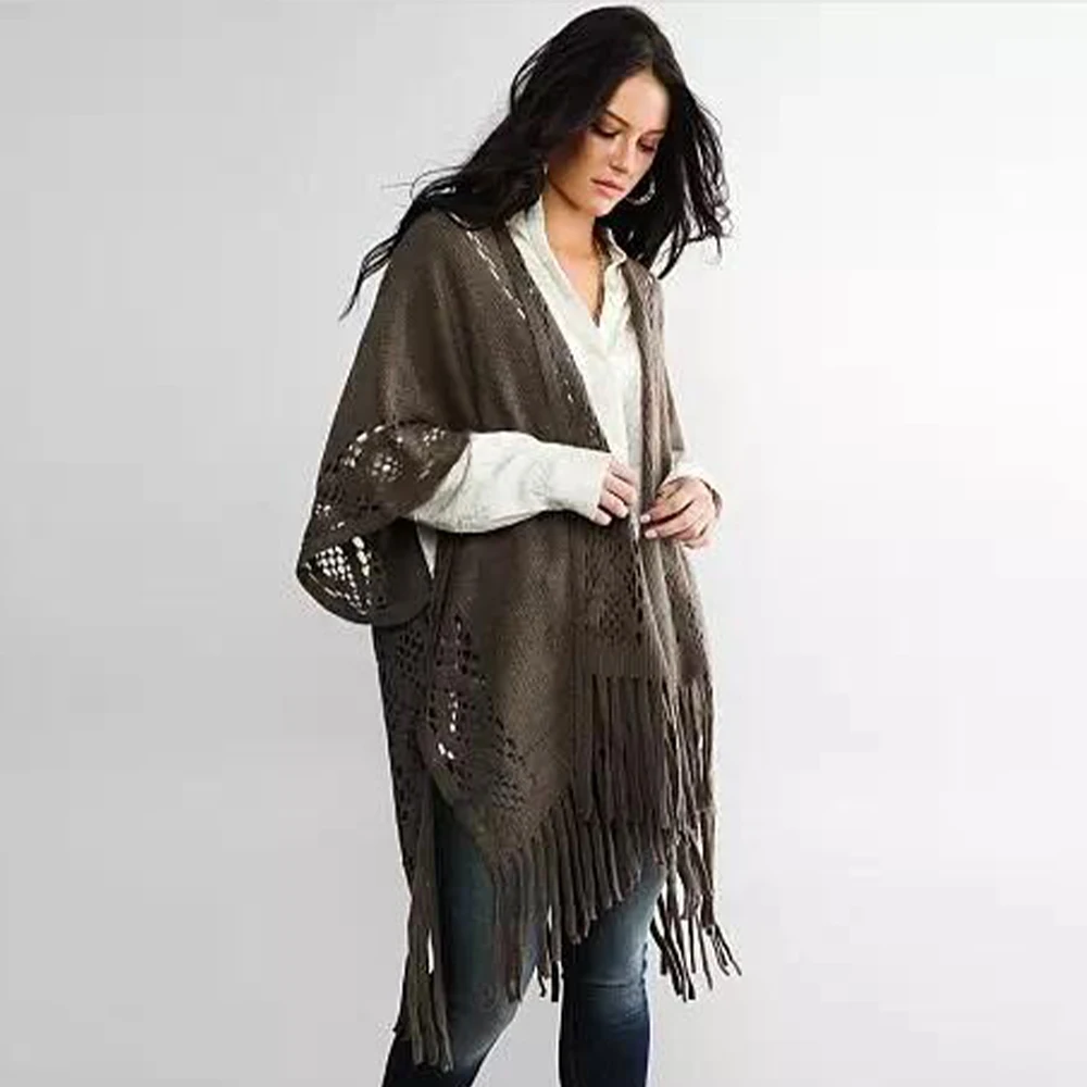 Factory customization Women Fringe Knitted Poncho Sweater Cardigan Travel Dressy Knit Wrap Shawl