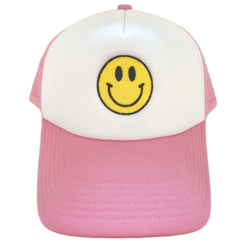 Wholesale trucker hat Embroidery Patch Hat Custom Logo Mesh Two Tone 5 Panel Smile Face Baseball Trucker Cap