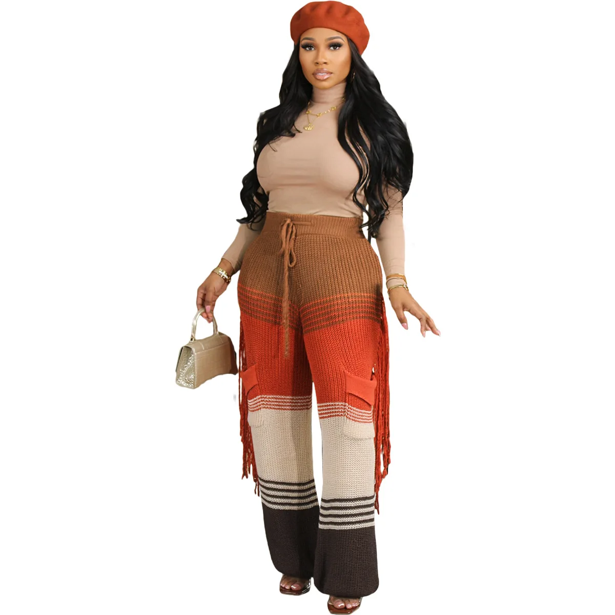 Wholesale fashion casual baggy knitted crochet fringed pants for women