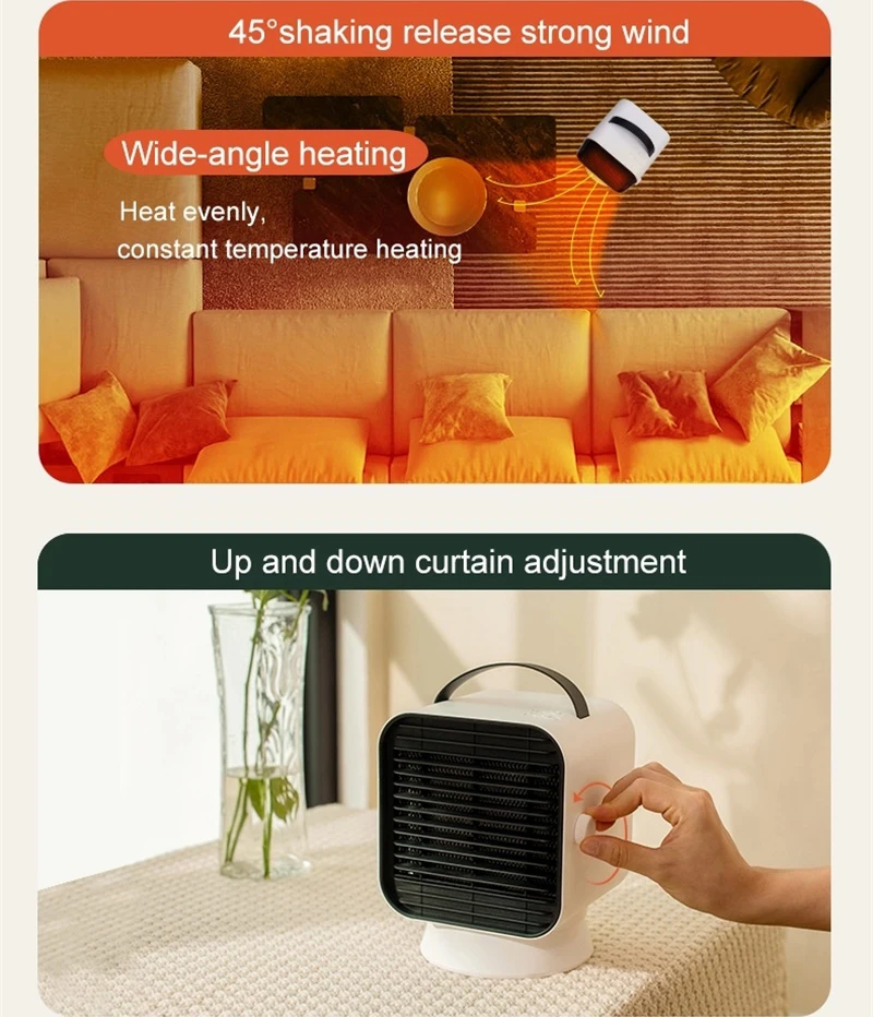 
Smart Timing Shaking Head Electric Heater Mini PTC Room Portable Home Fan Heater for Bathroom Bedroom with Cold Air Warm Air 