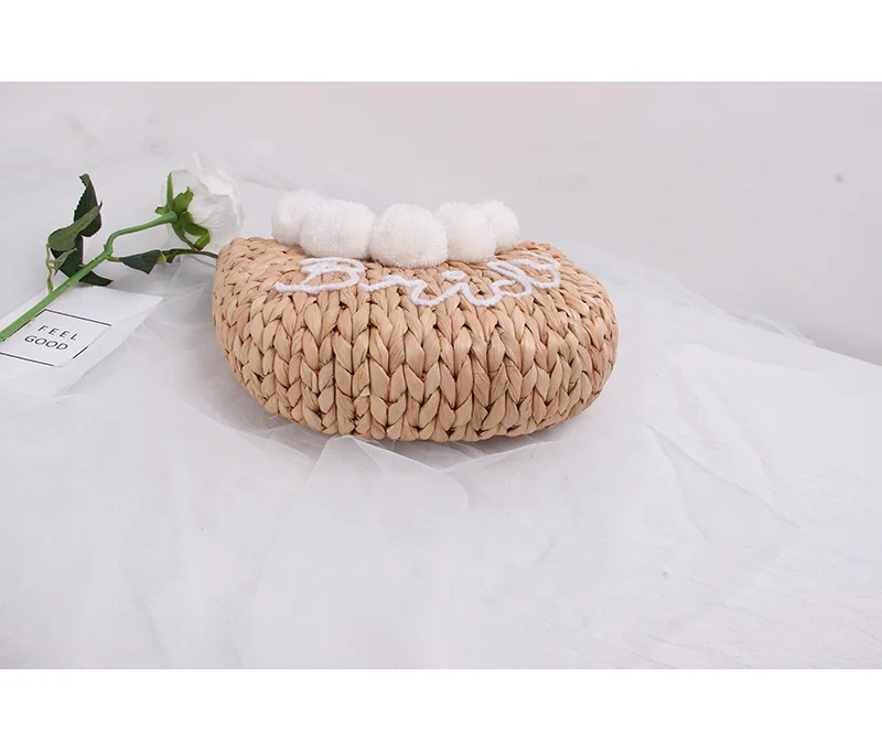 NY women travel beach tote summer handmade corn husk ladies bag accessories personality  bride wifey handbag pompom straw bag