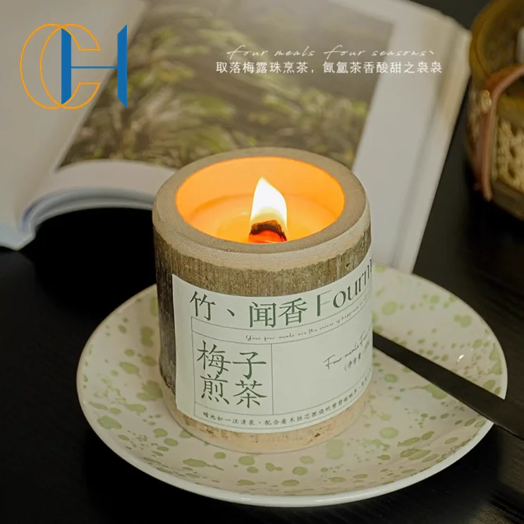C&H Wholesale Handmade  Bamboo Candle Holder Vessels Lavender Essential Oil Natural Soy Wax Candle