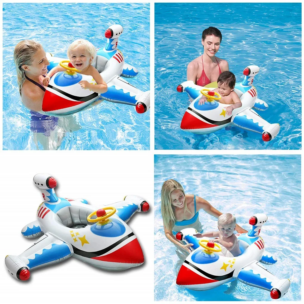 New 0.3mm pvc inflatable airplane swimming seat floating with water gun children water toy steering baby swim ring