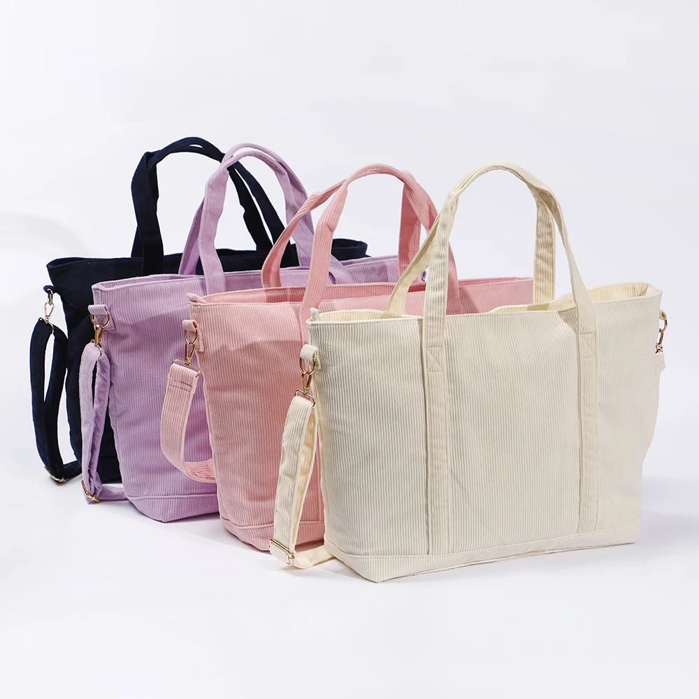 2023 New Arrival Cotton Blank Overnight Bag Corduroy Portable Ladies Tote Bags Custom Logo With Adjustable Belt