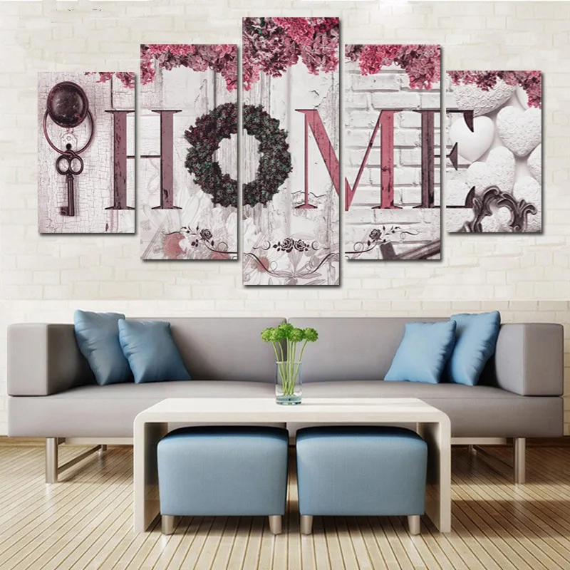 5 Pieces No Frame Pink English Letter HOME Canvas Painting Wall Art Print Poster For Living Home Room Decoration