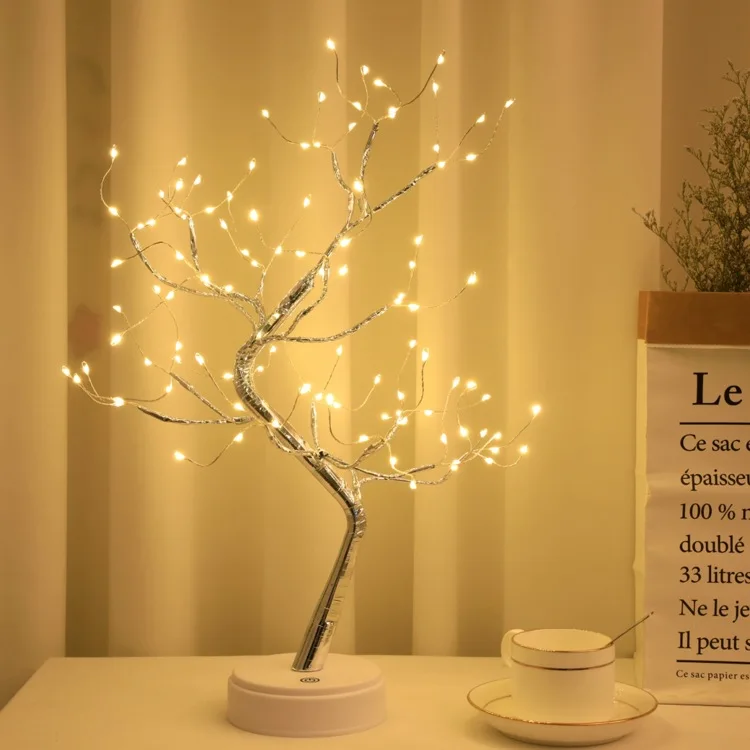 USB Battery Operated Touch Control Fancy Table Christmas Tree Light 108LED  Blossom Copper Wire Silver Branch Bonsai Tree  Light