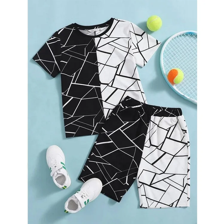 
Boys Color Block Geo Print Tee & Track Shorts Set Baby Clothing Boy Cotton 2 Pc Sets 