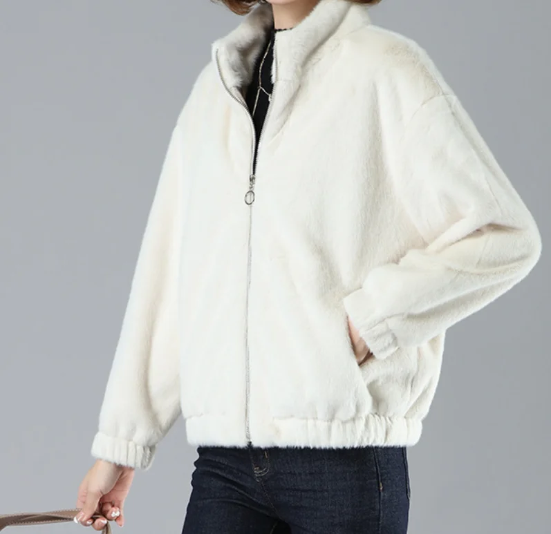 Custom logo Winter thickened Faux Rabbit Fur Coat Women  Korean Loose Plush Long Sleeve Jacket Mink Fur Coat For Ladies