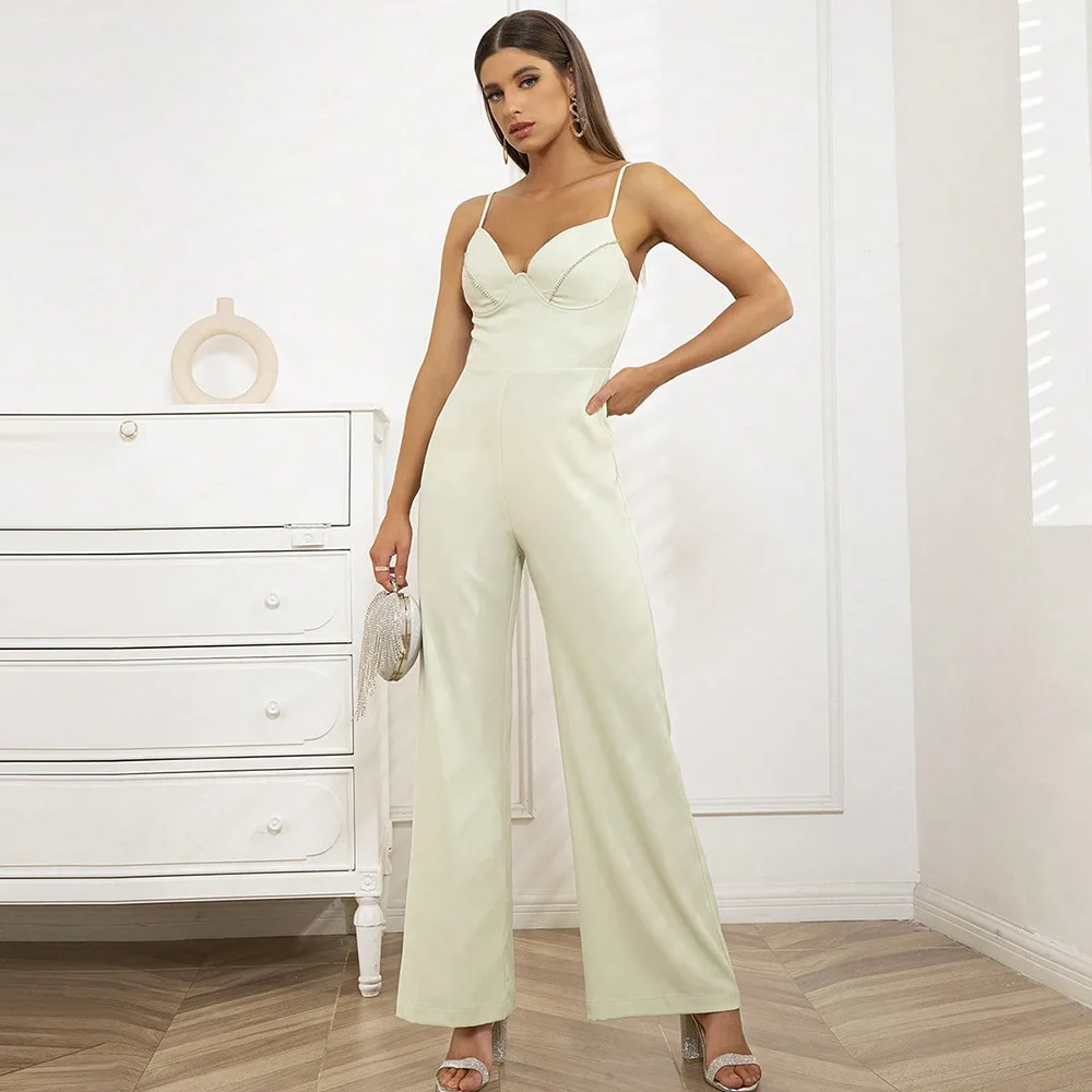 Spring New Solid Color V-neck Sleeveless Lace-up High Waist Women Jumpsuit Loose Wide Leg Women Jumpsuit