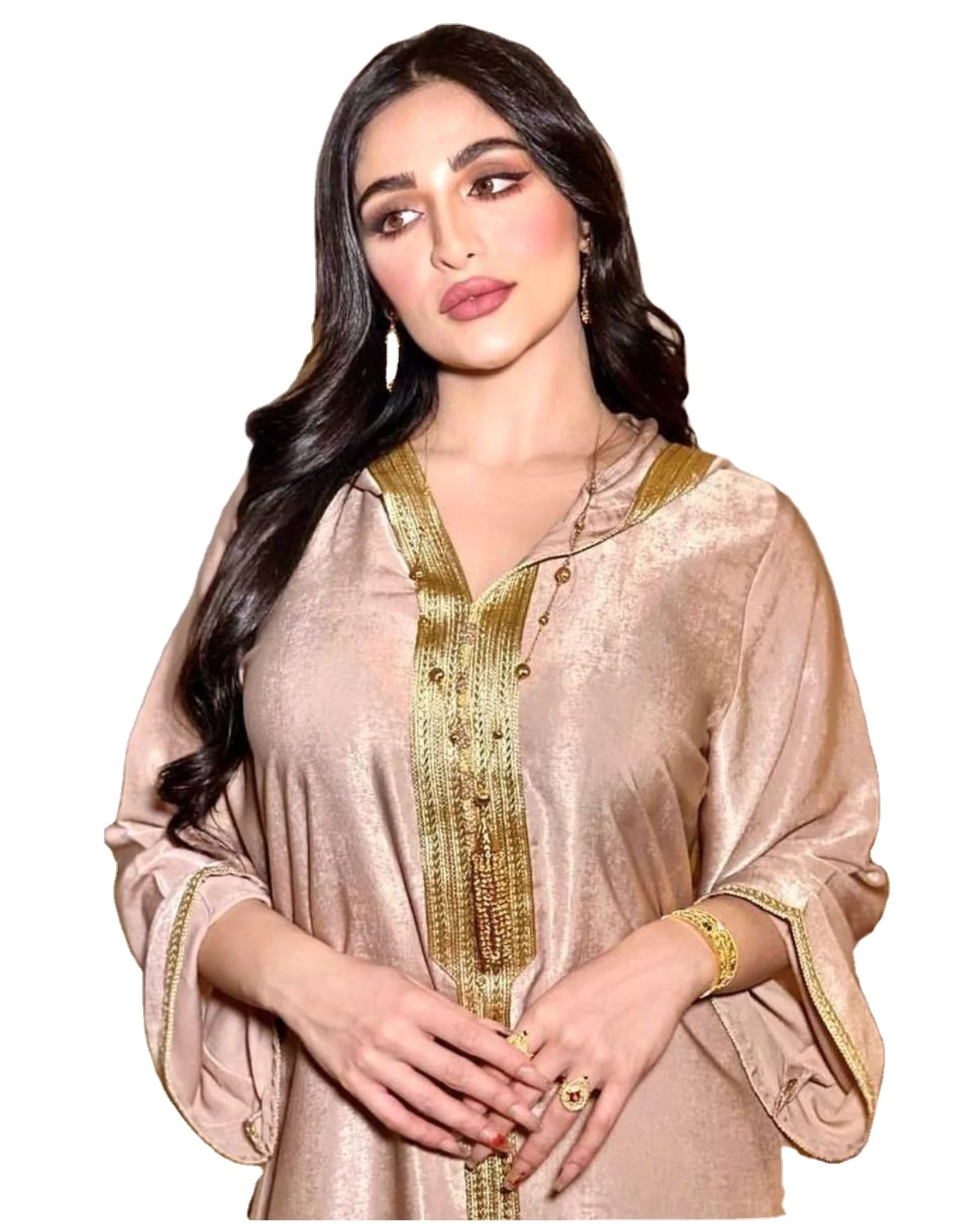Middle East Dubai Champagne Lace Suede Gown Robe Islam Women Abaya Muslim Hooded Dress with Hijab