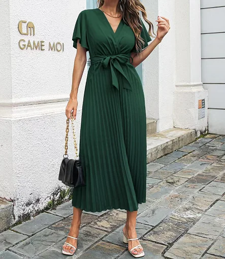 2022 New High Quality Custom Women Elegant Dresses V-neck Ruffled Midi Solid Ladies Casual Dresses Summer Women Clothing