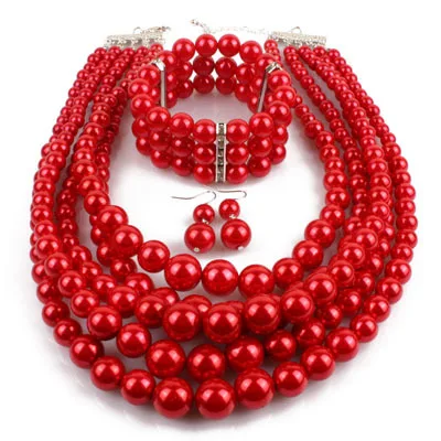 Exaggerated multilayer pearl beading bracelet earring necklace set