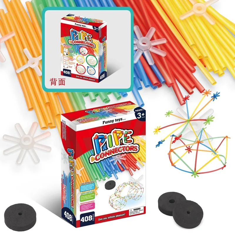 Safe eco friendly funny pipe  connector block toy 408pcs diy assemble toy plastic straw stem building block