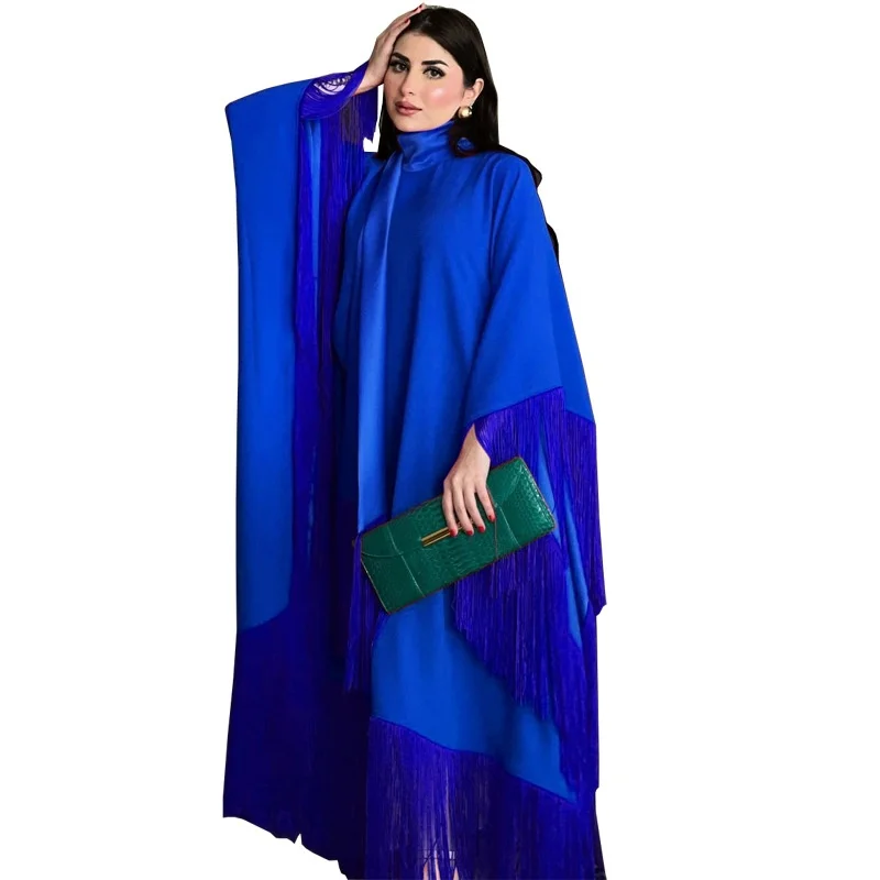 PROMISTAR Bat Sleeve Tassel Kaftan Muslim Women Modest Party Dress Summer Made from Silk Viscose Long Fashion Abaya Adults
