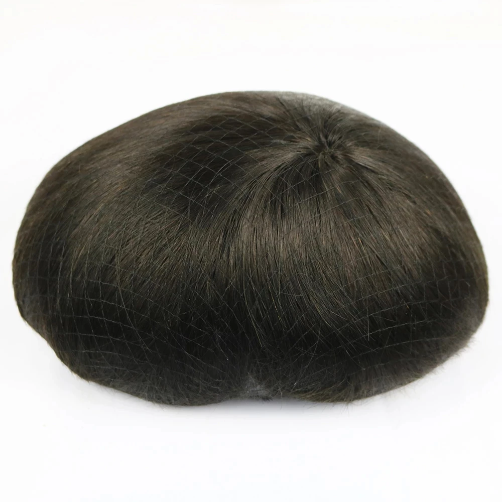 Cheap Natural Color Human Hair Replacement MONO with PU Hairpieces Thin Skin Toupee Manufacturer  Hair Toupee for Men