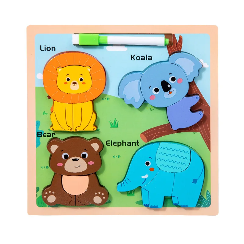 2 in 1 Wooden Cartoon 3D Puzzle Drawing Board Kids Early Education Set Hand-eye Coordination Toys for Child