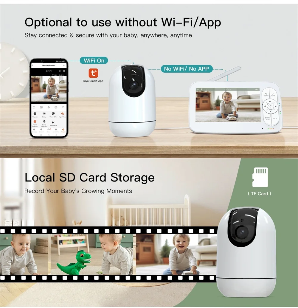 Newest Long Range Remote PTZ View 5000mAh Battery Crying Alarm Lullabies Babyphone 5 inch Tuya Smart WiFi Baby Monitor with APP