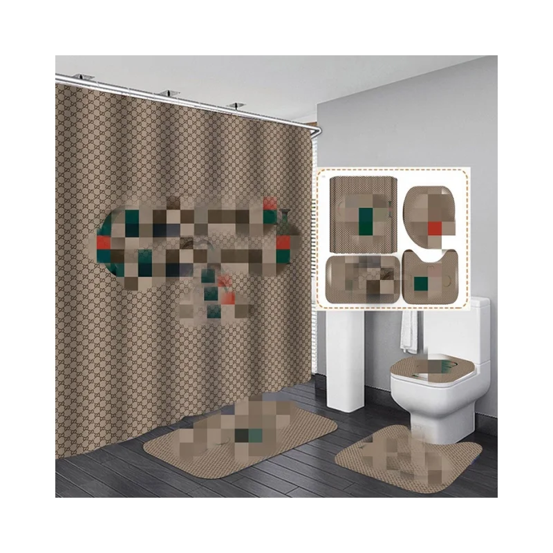 Custom 3d Digital Print Designers Logo Luxury Bathroom Rug Sets Famous Name Brand Shower Curtains And Mats
