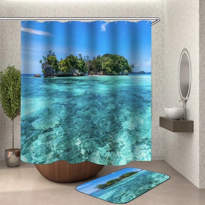 i@home ready made new design 3d fashionably bathroom ocean blue shower curtain island set