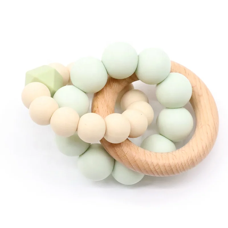 Silicone Beads Natural Wooden Teething Circle Ring Rattle Baby Teething Bracelet