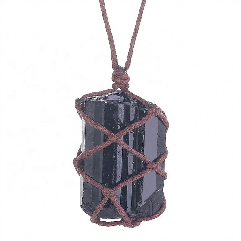 Natural Stone Rope Wrap Black Tourmaline Necklace for Women Men Polished Irregular Hand Braided Chakra Crystal  Pendant Necklace