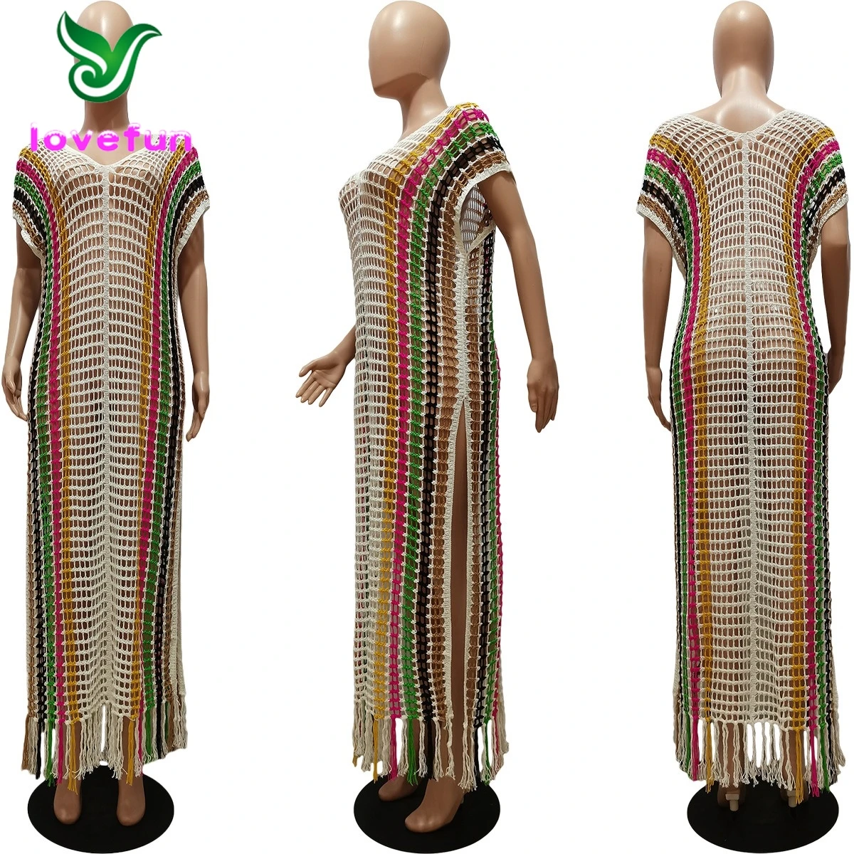 causal sleeveless knitted maxi tassel dress summer sexy color patchwork hollow out beach crochet long dresses