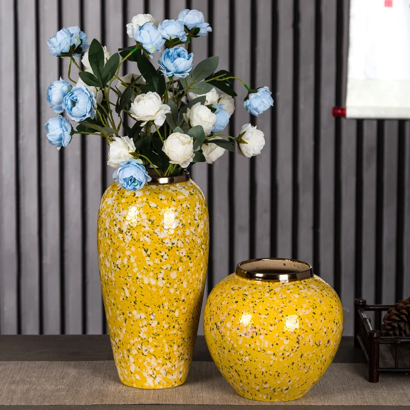 Modern Yellow Printed Ceramic Vase Set Living Room Floor Pot Porcelain Ornaments