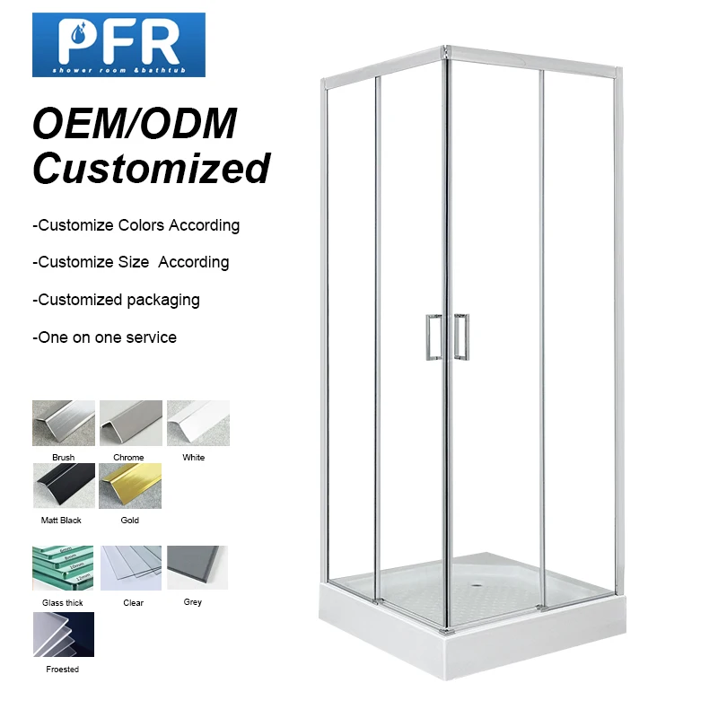 Modern Square Sliding Glass Shower Door Polished Stainless Frame 6mm Thick Waterproof Bathrooms Enclosure