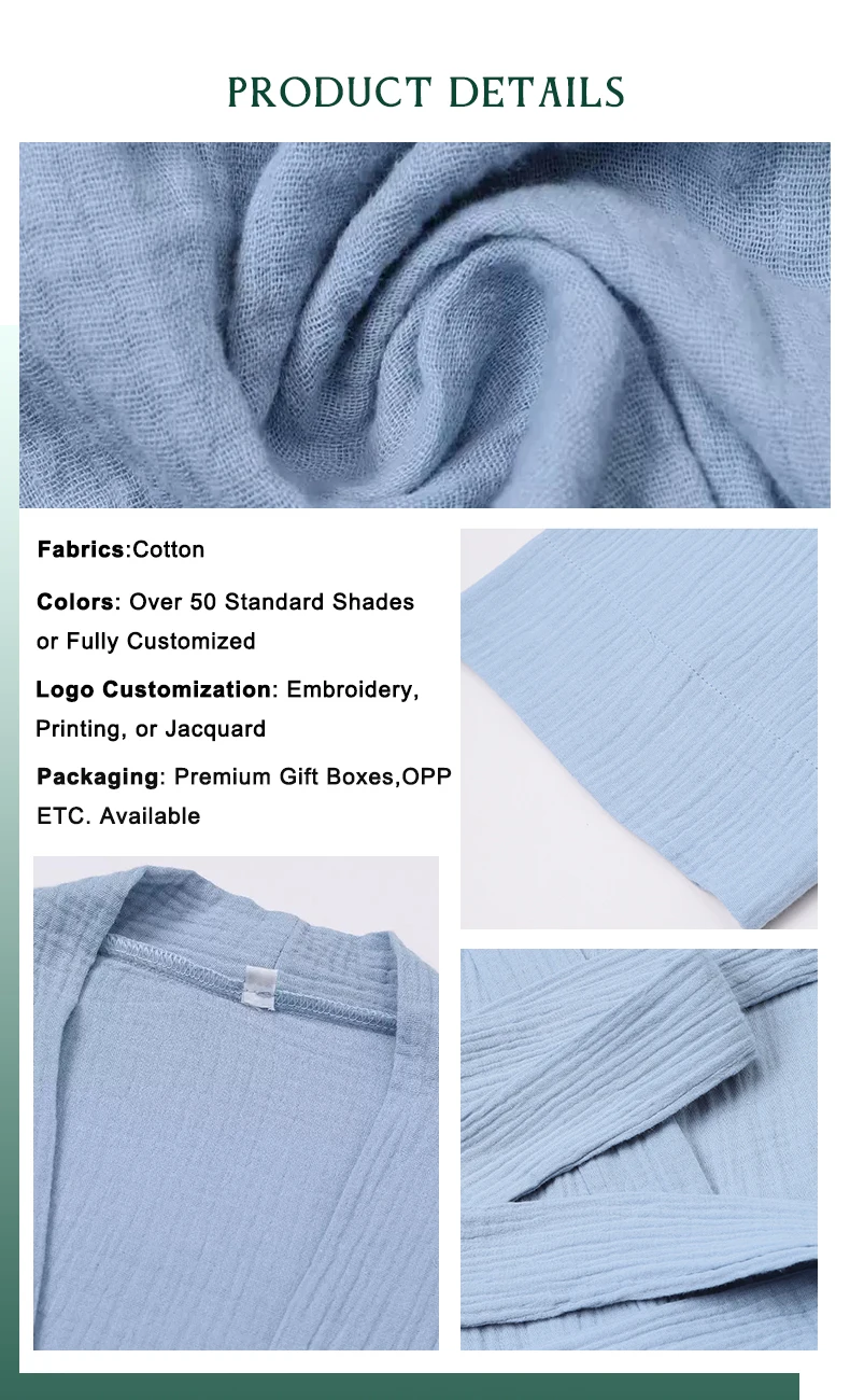 customized 100% cotton pajamas robe soild color woman sleepwear soft gauze nightgown V-neck bathrobe