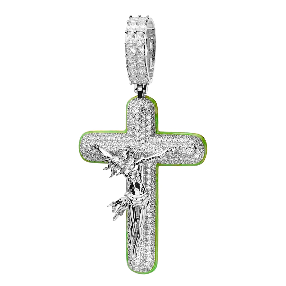 Vintage Flashing Silver Brass Gold Diamond Zirconia Holy Jesus Cross Mens Pendant Necklace