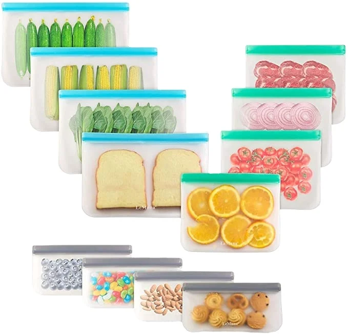 
12 Pack Reusable Food Storage Bags , Food Grade Reusable Freezer Bags BPA Free, PEVA Leakproof 